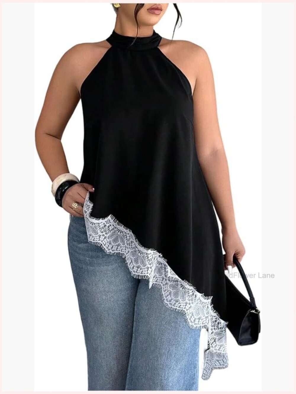 Plus Size Sleeveless Halter Lace Trim Asymmetrical Flowy Y2K Party Top